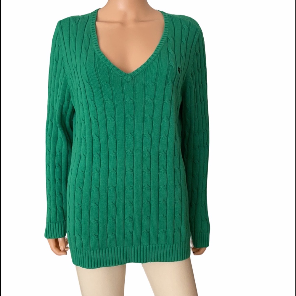 Ralph Lauren Chaps green cable logo v neck sweater